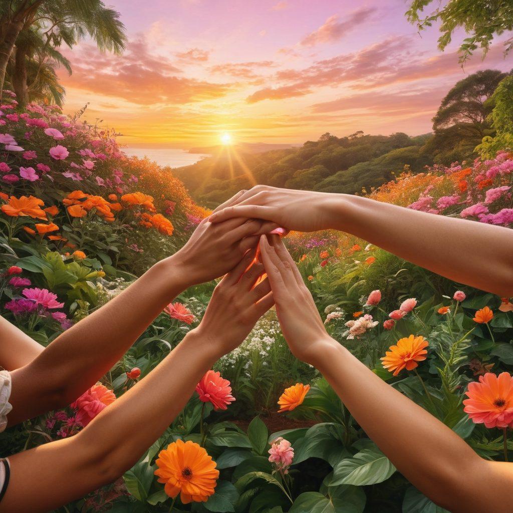 A captivating scene depicting a diverse group of people freely expressing themselves in an open outdoor setting, surrounded by lush greenery and colorful flowers. Include elements symbolizing intimacy and connection, such as intertwined hands and soft gazes. Showcase a sunset in the background that radiates warm, inviting colors, emphasizing a sense of liberation and joy. super-realistic. vibrant colors. peaceful atmosphere.