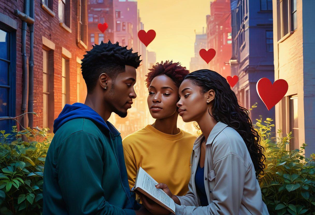 A warm, inviting scene depicting two diverse individuals, deep in conversation, surrounded by fragmented hearts symbolizing individuality. The background features abstract representations of urban life, blending vibrant colors with soft textures to convey emotional depth. Include elements like plants and books that suggest personal growth and connection. Illuminate the scene with soft, golden light to evoke warmth and intimacy. super-realistic. vibrant colors. soft focus.