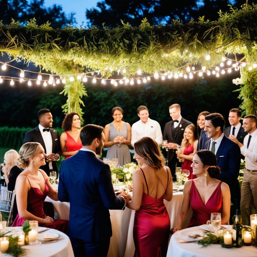 A captivating scene of diverse individuals enjoying a vibrant outdoor celebration, surrounded by art and nature, expressing joy and freedom. Include luxurious elements like elegant cocktails and lush greenery, portraying intimacy and connection amongst people sharing stories and laughter. Ethereal lighting with a touch of dreamy colors enhances the atmosphere of hedonism and empowerment. super-realistic. vibrant colors. ethereal lighting.